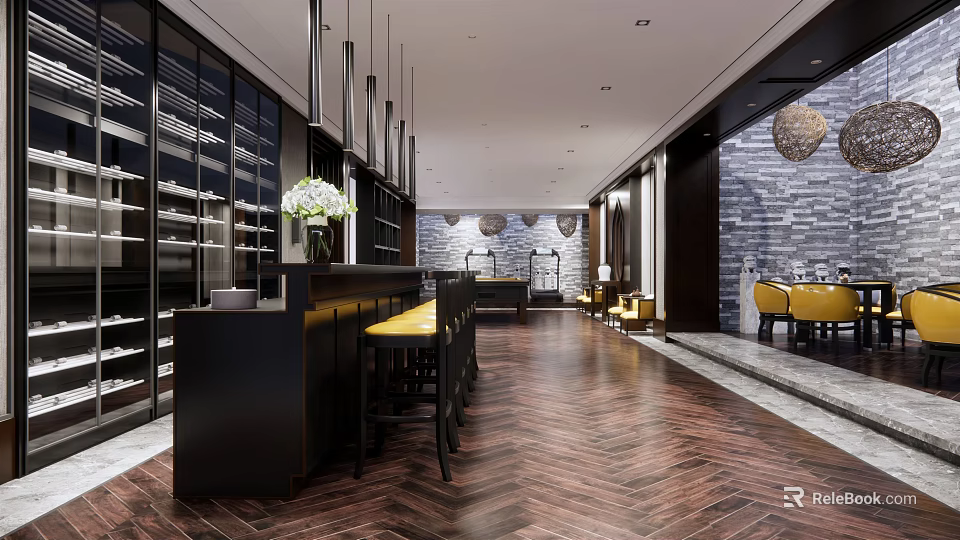 Elegant Modern Club Interior With Dark Bar Counter Yellow Stools Herringbone Flooring And Wine Racks 3d model 