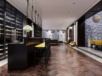 Elegant Modern Club Interior With Dark Bar Counter Yellow Stools Herringbone Flooring And Wine Racks 3d model