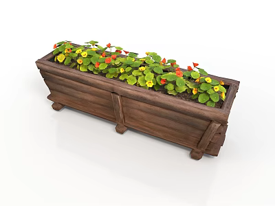 Wooden Long Planter Box With Legs Featuring Green Plants Red and Yellow Flowers 3d model