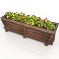 Wooden Long Planter Box With Legs Featuring Green Plants Red and Yellow Flowers