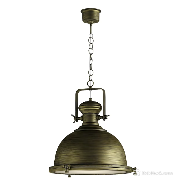 Vintage Brass Hanging Pendant Light With Chain And Dome Shade Design 3d model 