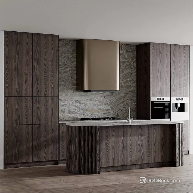 Modern Kitchen Interior Design With Wooden Cabinets Marble Backsplash Island Counter And Range Hood 3d model 