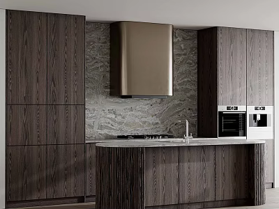 Modern Kitchen Interior Design With Wooden Cabinets Marble Backsplash Island Counter And Range Hood 3d model