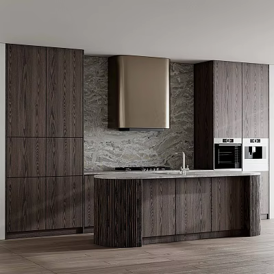 Modern Kitchen Interior Design With Wooden Cabinets Marble Backsplash Island Counter And Range Hood 3d model