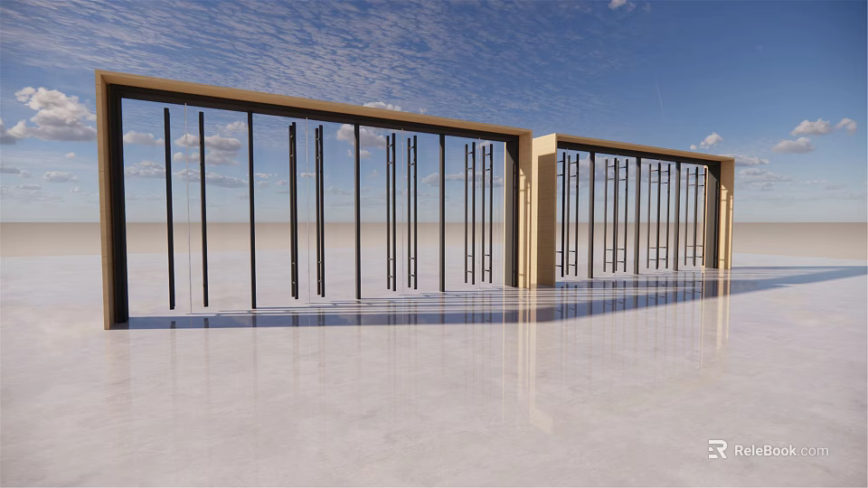 Modern Double Doors With Metal Frame And Glass Panels In Outdoor Open Space 3d model 