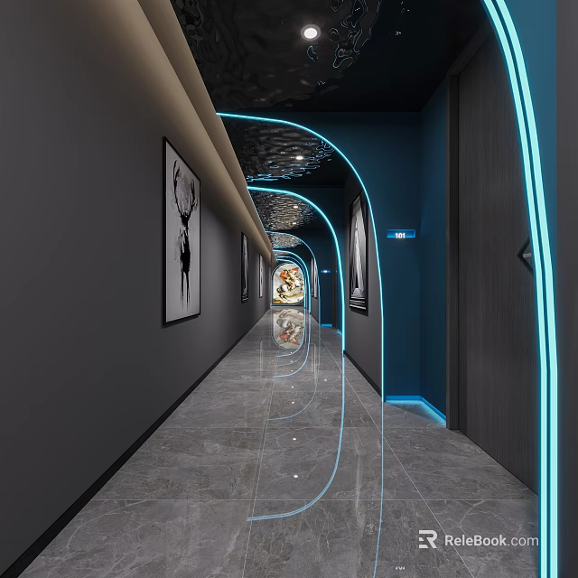 Modern Elevator Corridor With Blue Neon Lights Polished Floor And Decorative Wall Art 3d model 