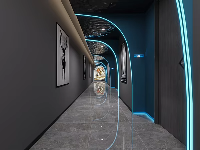 Modern Elevator Corridor With Blue Neon Lights Polished Floor And Decorative Wall Art 3d model