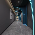 Modern Elevator Corridor With Blue Neon Lights Polished Floor And Decorative Wall Art