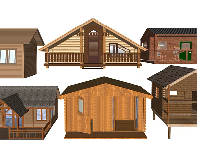 Various Wooden Cabins With Different Roof Designs Porches And Window Styles 3d model