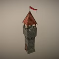 Medieval Brick Tower With Red Flag Castle Style Battlement And Wooden Door 3d model