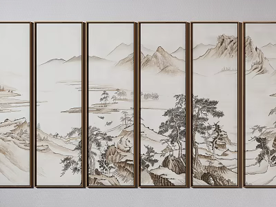 Traditional Chinese Landscape Screen with Ink Painting Mountains and Trees on Multiple Panels 3d model