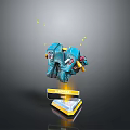 Blue Mechanical Robot Floating On Base With FIREFLY Label And Yellow Glowing Particles