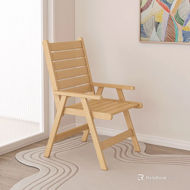 Light Wood Slatted Back Chair With Armrests On Wavy Rug Near Window And Wall Painting 3d model 