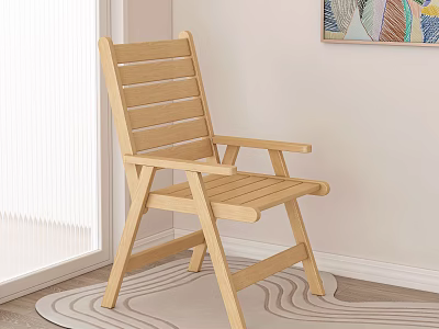 Light Wood Slatted Back Chair With Armrests On Wavy Rug Near Window And Wall Painting 3d model