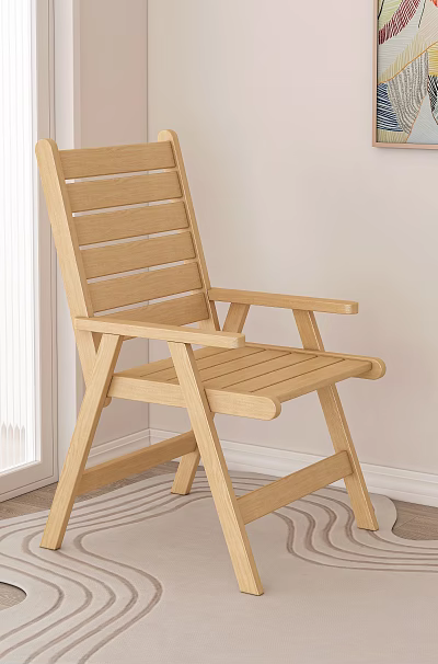 Light Wood Slatted Back Chair With Armrests On Wavy Rug Near Window And Wall Painting 3d model