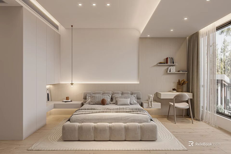 Modern Bedroom Interior Design With Large Bed Wardrobe Desk Chair And Curtain 3d model 