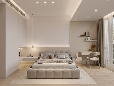 Modern Bedroom Interior Design With Large Bed Wardrobe Desk Chair And Curtain 3d model
