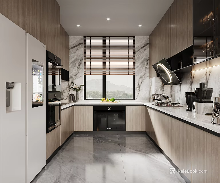 Modern Kitchen Interior Design With Wooden Cabinets Marble Countertops And Appliances 3d model 