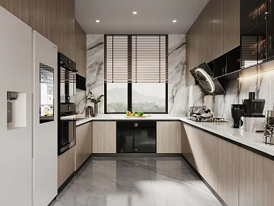 Modern Kitchen Interior Design With Wooden Cabinets Marble Countertops And Appliances 3d model