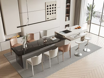Modern Dining Table Set With Black Countertop Chairs Bar Stools In Open Kitchen White Cabinets 3d model