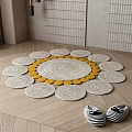 Modern White Lattice Screen with Circular Mats Striped Slippers and Plant on Wooden Floor