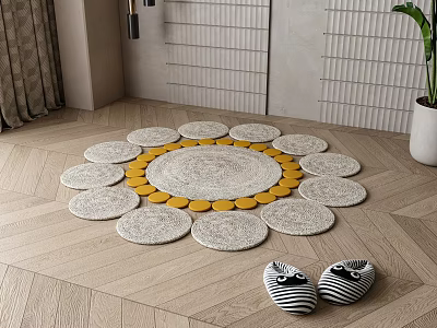 Modern White Lattice Screen with Circular Mats Striped Slippers and Plant on Wooden Floor 3d model