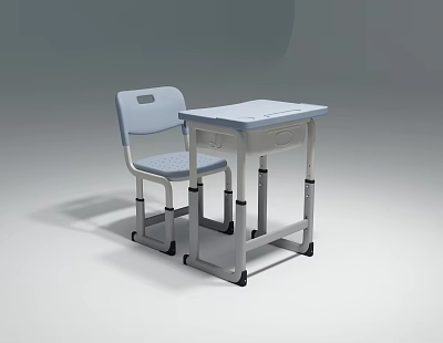 Light Gray And White Student Desk With Matching Chair Adjustable Height Simple Design 3d model