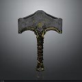 Ornate War Hammer With Metallic Head Golden Accents And Brown Leather Handle
