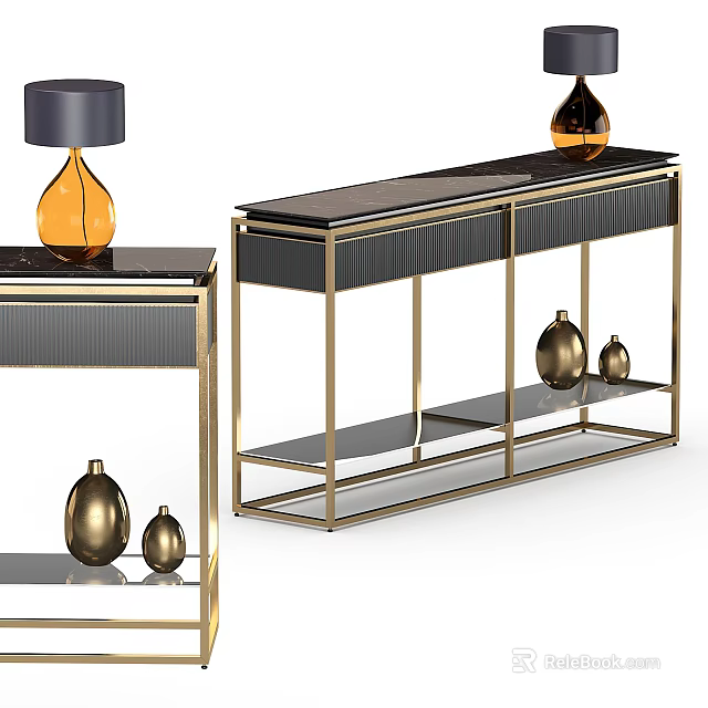 Elegant Modern Console Table with Black Top Gold Frame and Decorative Gold Vases Table Lamp 3d model 
