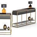 Elegant Modern Console Table with Black Top Gold Frame and Decorative Gold Vases Table Lamp