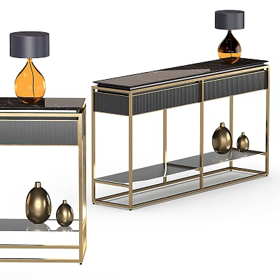 Elegant Modern Console Table with Black Top Gold Frame and Decorative Gold Vases Table Lamp 3d model