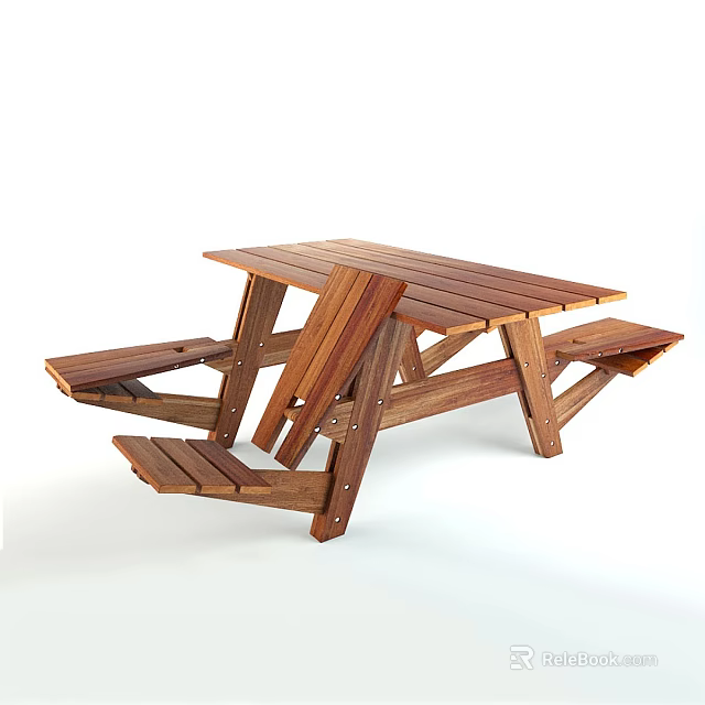 Solid Wood Outdoor Table With Attached Benches Classic Design For Patio Use 3d model