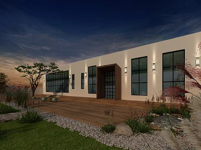 Garden Landscape Around Modern Building With Large Windows Wooden Deck Grass Gravel And Twilight Sky 3d model