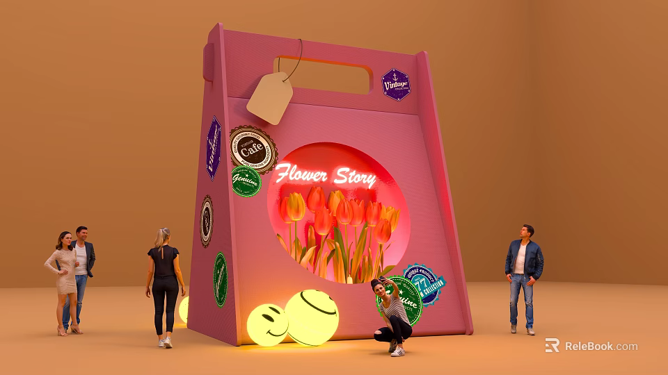 Vibrant Pink Flower Story Photo Spot with Tulips Lighting and People Taking 3d model 
