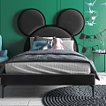 Kids Bed With Mickey Ear Headboard Green Wall Blue Chair Paper Crane Decorations Colorful Pillows