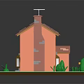 Orange Exterior House With Red Roof Chimney Garage Windows Green Shrubs And Lawn