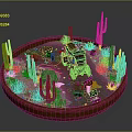 Miniature Desert Scene With Cactus Plants Old Wagon And Wooden Boxes In Round Tray