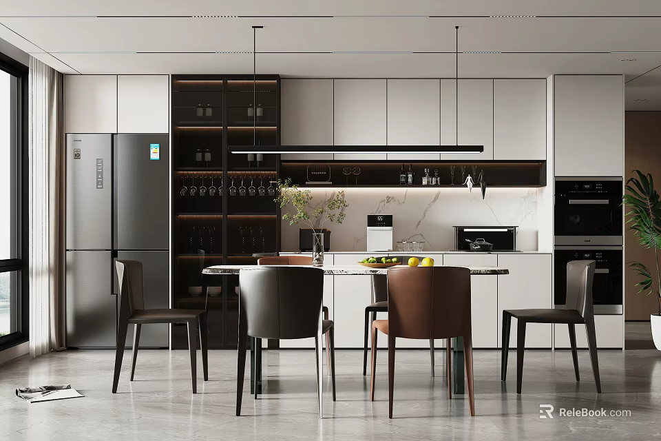 Modern Open Concept Restaurant Interior With Dining Table Chairs Kitchen Island And Cabinets 3d model 