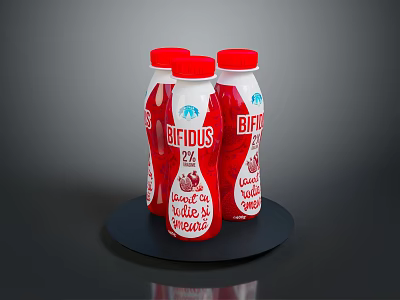 Bifidus 2 Percent Natural Yogurt Drinks in Red Cap Bottles on Black Tray 3d model