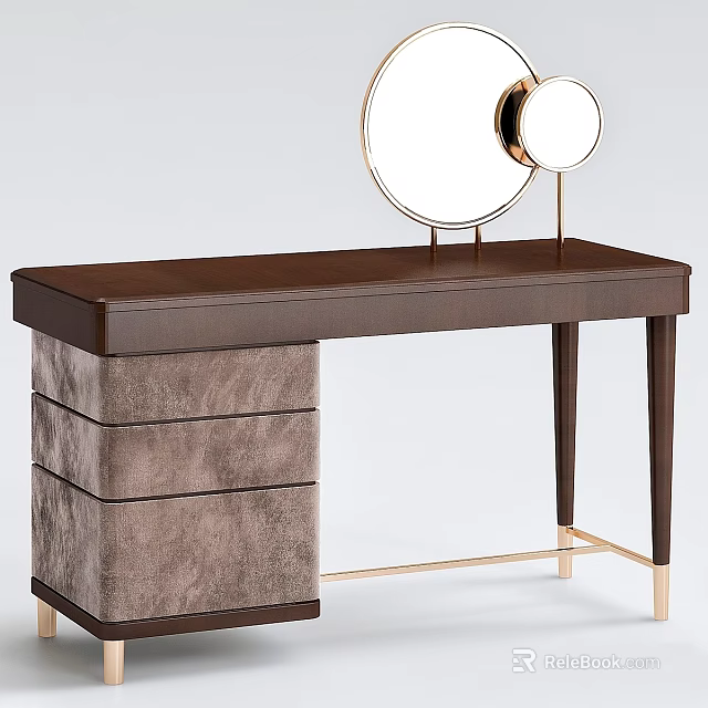 Modern Dressing Table With Wooden Top Gray Fabric Drawers And Round Gold Mirror 3d model 