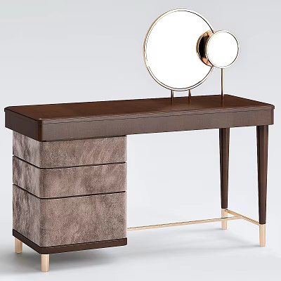 Modern Dressing Table With Wooden Top Gray Fabric Drawers And Round Gold Mirror 3d model