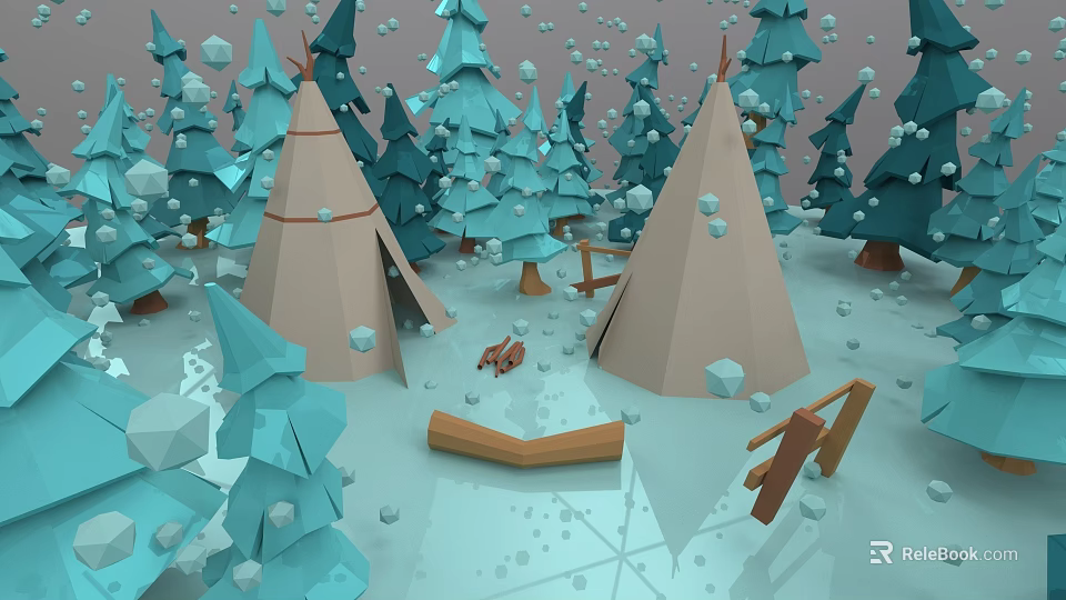 Low Poly Plant Painting with Blue Cone Trees Beige Tents and Wooden Bench 3d model 