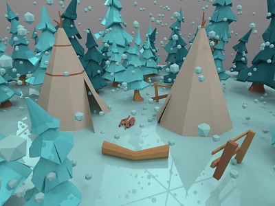 Low Poly Plant Painting with Blue Cone Trees Beige Tents and Wooden Bench 3d model