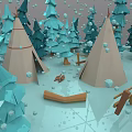 Low Poly Plant Painting with Blue Cone Trees Beige Tents and Wooden Bench