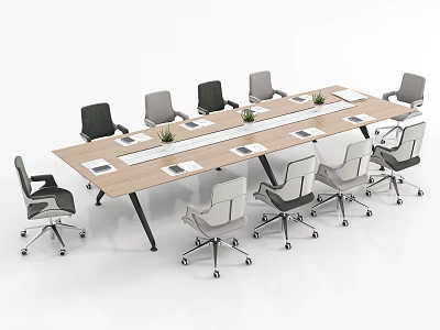 Modern Conference Table With Wooden Top Surrounded By Ergonomic Office Chairs And Digital Tablets 3d model