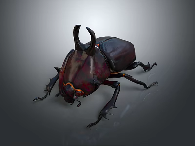 Rhinoceros Beetle With Large Curved Horns And Shiny Dark Exoskeleton On Gray Background 3d model