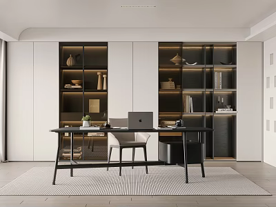 Modern Study Room Interior With Black Desk Laptop Potted Plant And Open Bookshelves 3d model