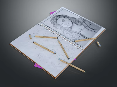Artistic Pencils Scattered On Open Sketchbook With Detailed Female Portrait Drawing 3d model