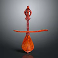 Red Wooden Carved Household Utensil With Decorative Human Figure Design