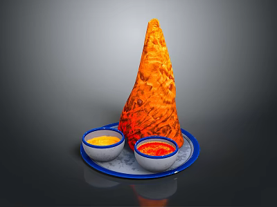 Orange Cone Shaped Food On Blue Tray With Yellow And Red Sauce Bowls 3d model